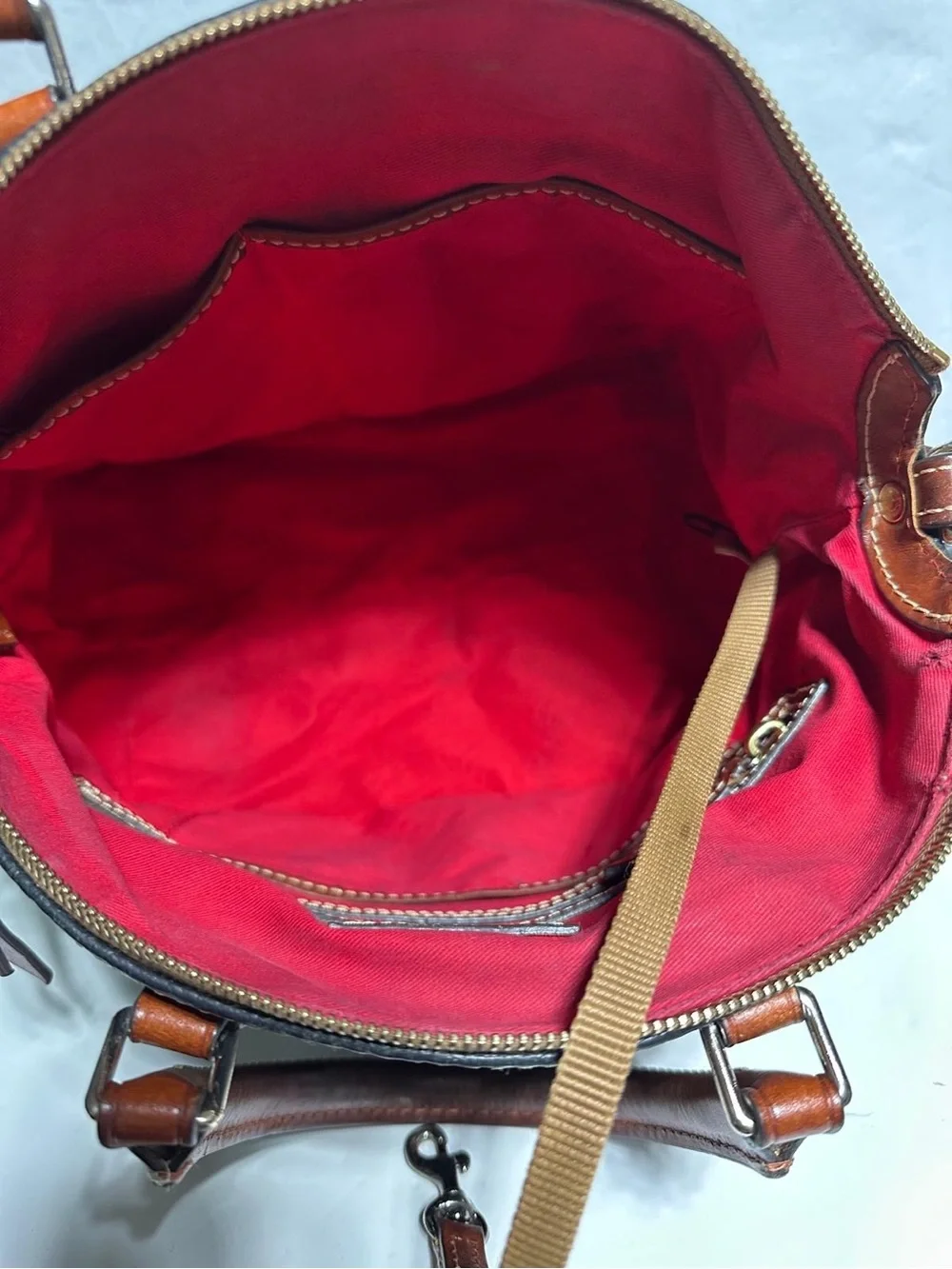 Dooney & Bourke Black Pebbled Leather Satchel with Brown Trim